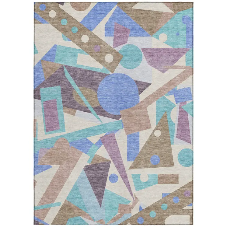10' X 14' Brown Plum Teal Blue And Ivory Geometric Washable Indoor Outdoor Area Rug
