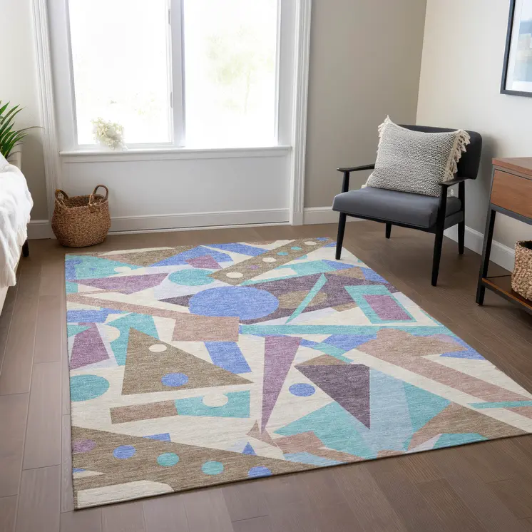 10' X 14' Brown Plum Teal Blue And Ivory Geometric Washable Indoor Outdoor Area Rug