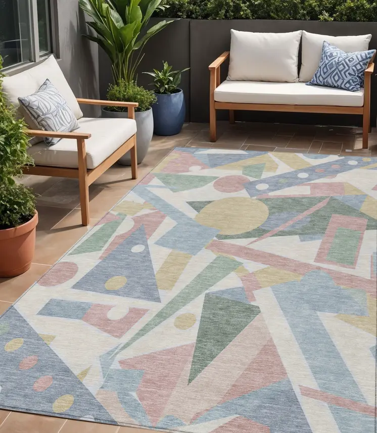 5' X 8' Sky Blue Blush And Ivory Geometric Washable Indoor Outdoor Area Rug
