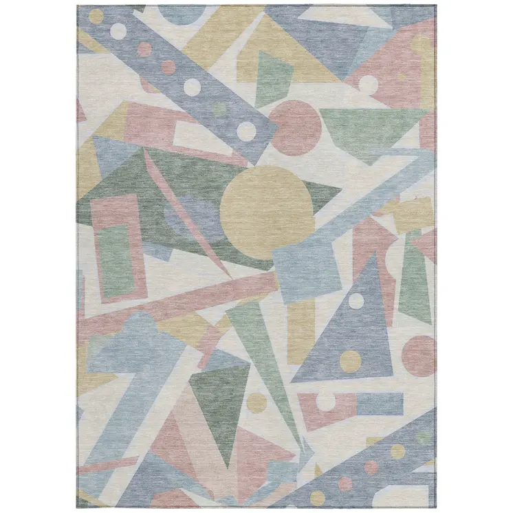 5' X 8' Sky Blue Blush And Ivory Geometric Washable Indoor Outdoor Area Rug