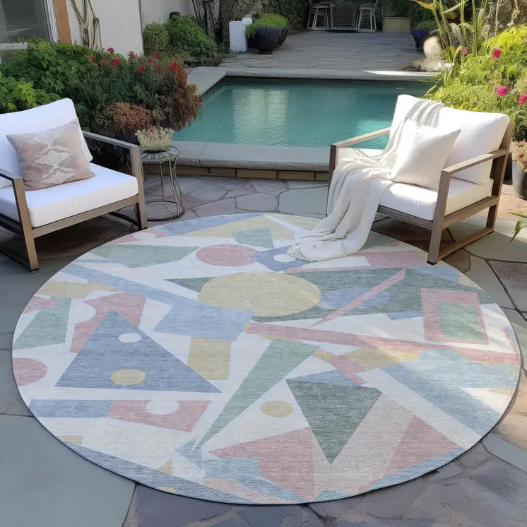 8' Sky Blue Blush And Ivory Round Geometric Washable Indoor Outdoor Area Rug