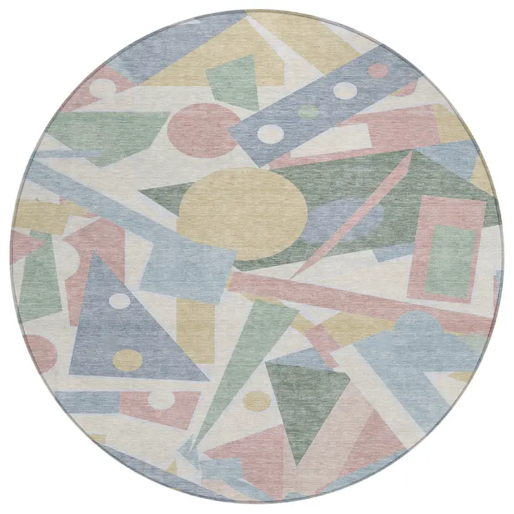 8' Sky Blue Blush And Ivory Round Geometric Washable Indoor Outdoor Area Rug