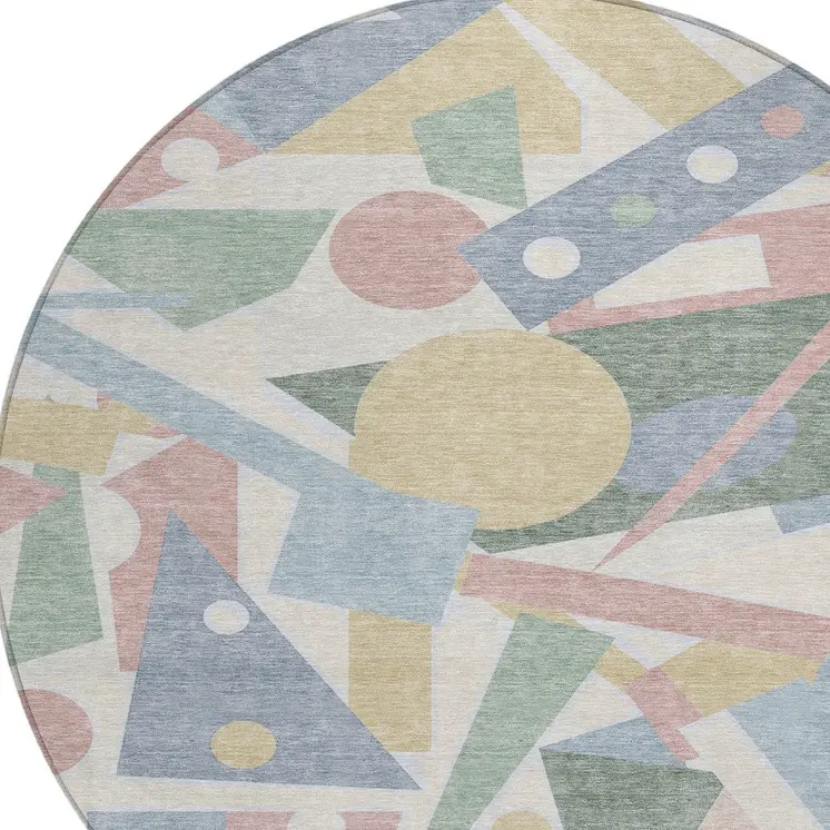 8' Sky Blue Blush And Ivory Round Geometric Washable Indoor Outdoor Area Rug