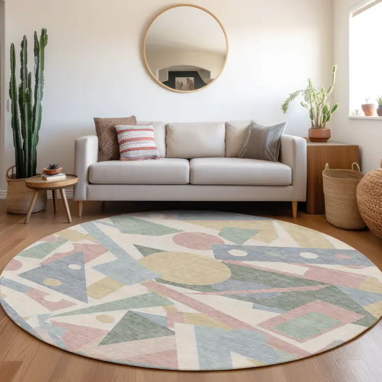 8' Sky Blue Blush And Ivory Round Geometric Washable Indoor Outdoor Area Rug