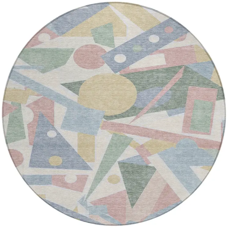 8' Sky Blue Blush And Ivory Round Geometric Washable Indoor Outdoor Area Rug