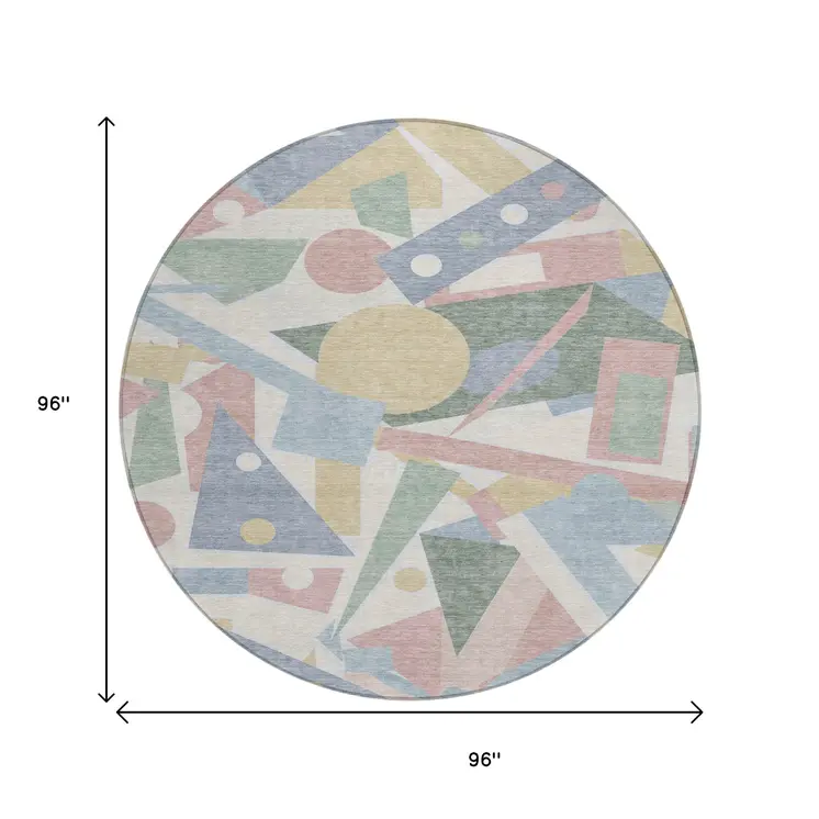 8' Sky Blue Blush And Ivory Round Geometric Washable Indoor Outdoor Area Rug