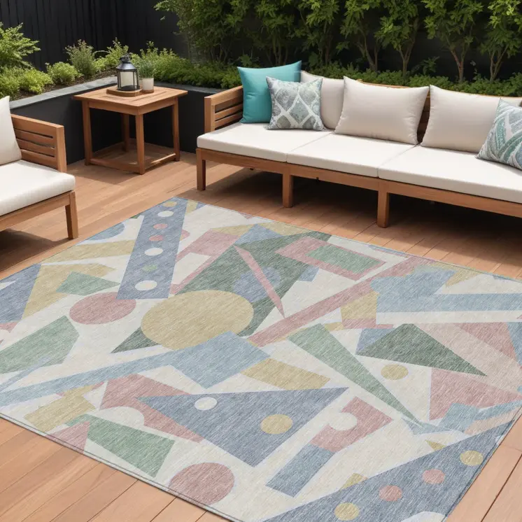 8' X 10' Sky Blue Blush And Ivory Geometric Washable Indoor Outdoor Area Rug