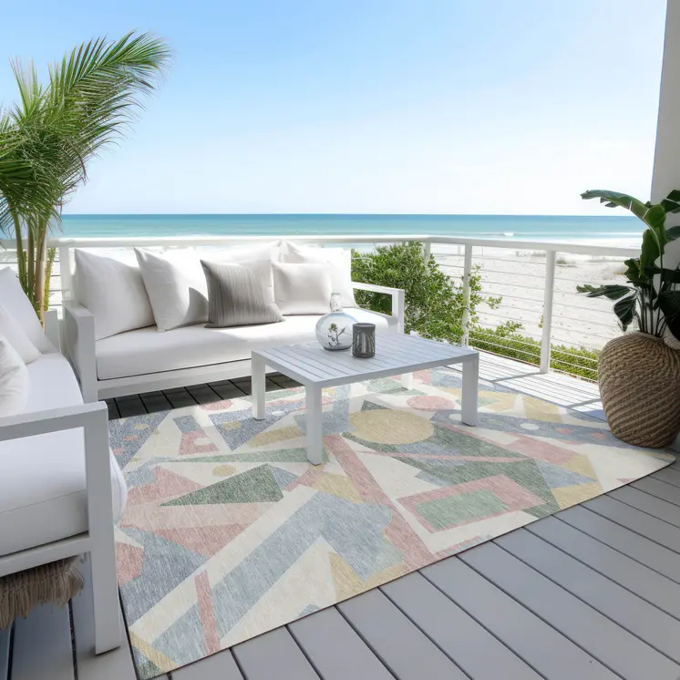 8' X 10' Sky Blue Blush And Ivory Geometric Washable Indoor Outdoor Area Rug
