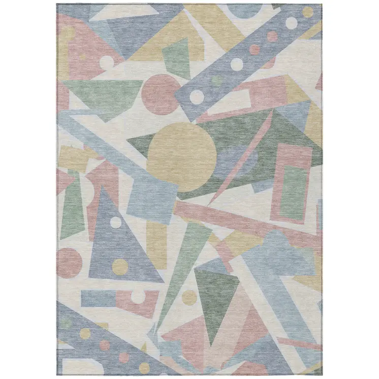8' X 10' Sky Blue Blush And Ivory Geometric Washable Indoor Outdoor Area Rug