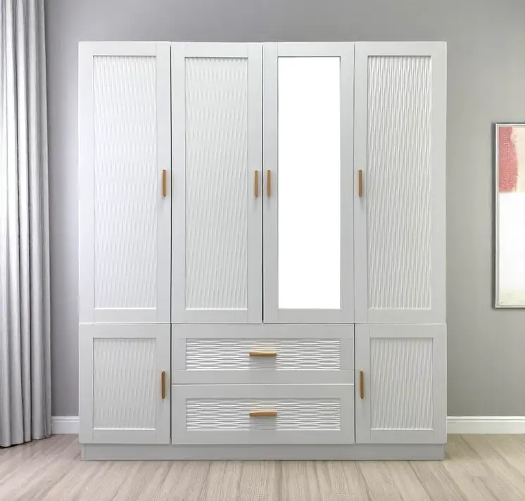 75" White Ribbed Texture Wood Mirrored Six Door Two Drawer Combo Dresser