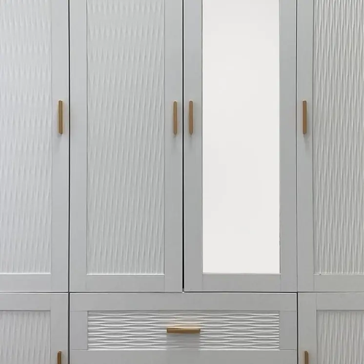 75" White Ribbed Texture Wood Mirrored Six Door Two Drawer Combo Dresser