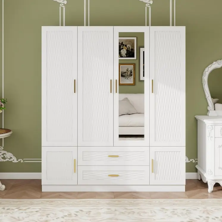 75" White Ribbed Texture Wood Mirrored Six Door Two Drawer Combo Dresser