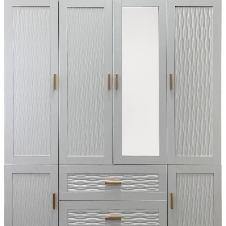 75" White Ribbed Texture Wood Mirrored Six Door Two Drawer Combo Dresser