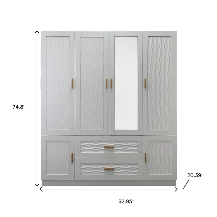 75" White Ribbed Texture Wood Mirrored Six Door Two Drawer Combo Dresser