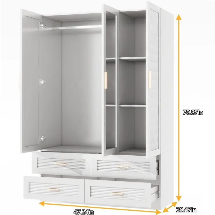 75" White Ribbed Texture Wood Mirrored Three Door Four Drawer Combo Dresser