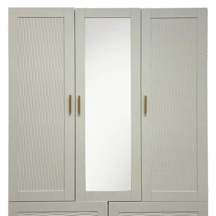 75" White Ribbed Texture Wood Mirrored Three Door Four Drawer Combo Dresser