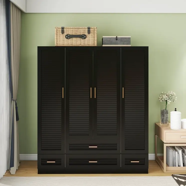 71" Black Plantation Shutter Wood Four Door Four Drawer Combo Dresser