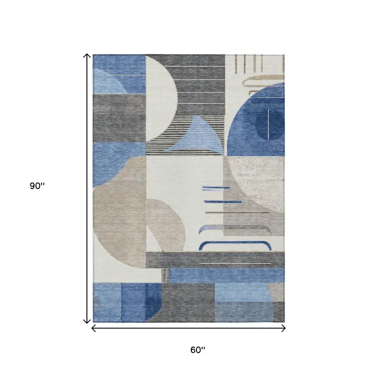 5' X 8' Blue Gray And Ivory Geometric Washable Indoor Outdoor Area Rug