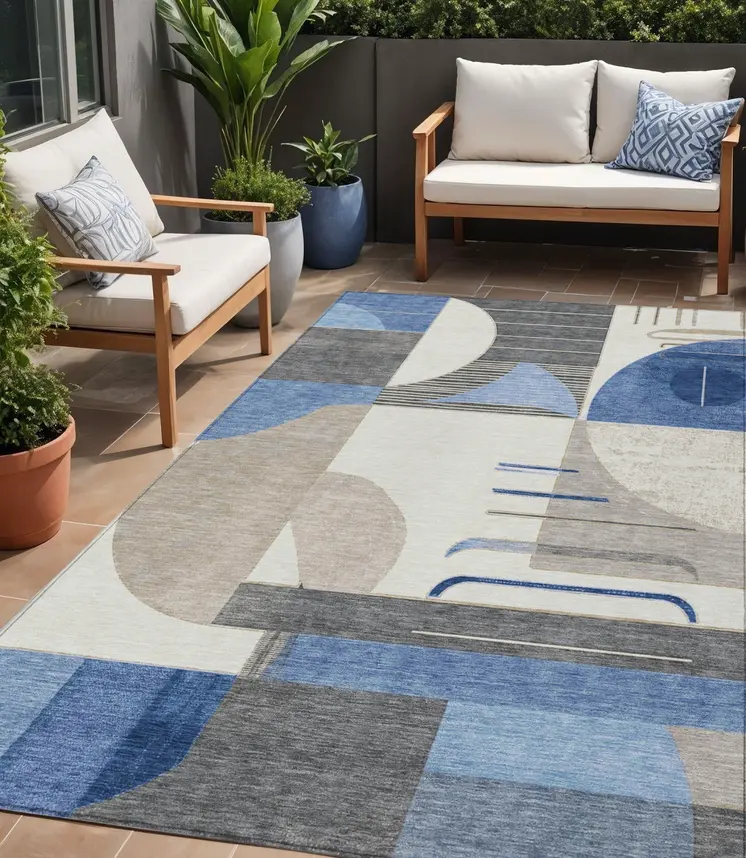 5' X 8' Blue Gray And Ivory Geometric Washable Indoor Outdoor Area Rug