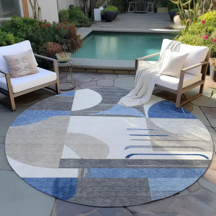 8' Blue Gray And Ivory Round Geometric Washable Indoor Outdoor Area Rug