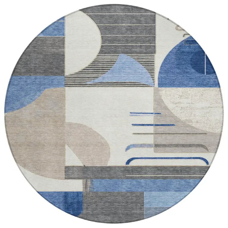 8' Blue Gray And Ivory Round Geometric Washable Indoor Outdoor Area Rug