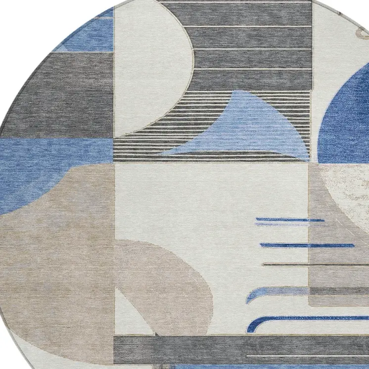 8' Blue Gray And Ivory Round Geometric Washable Indoor Outdoor Area Rug