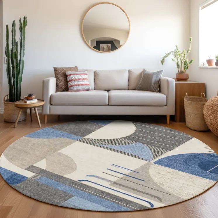 8' Blue Gray And Ivory Round Geometric Washable Indoor Outdoor Area Rug