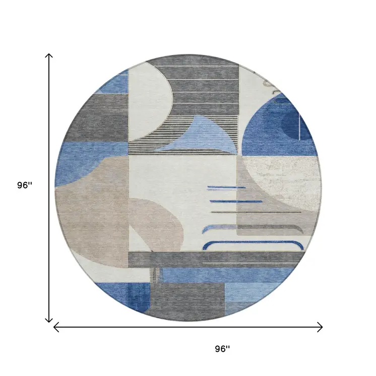 8' Blue Gray And Ivory Round Geometric Washable Indoor Outdoor Area Rug