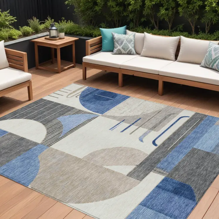 8' X 10' Blue Gray And Ivory Geometric Washable Indoor Outdoor Area Rug