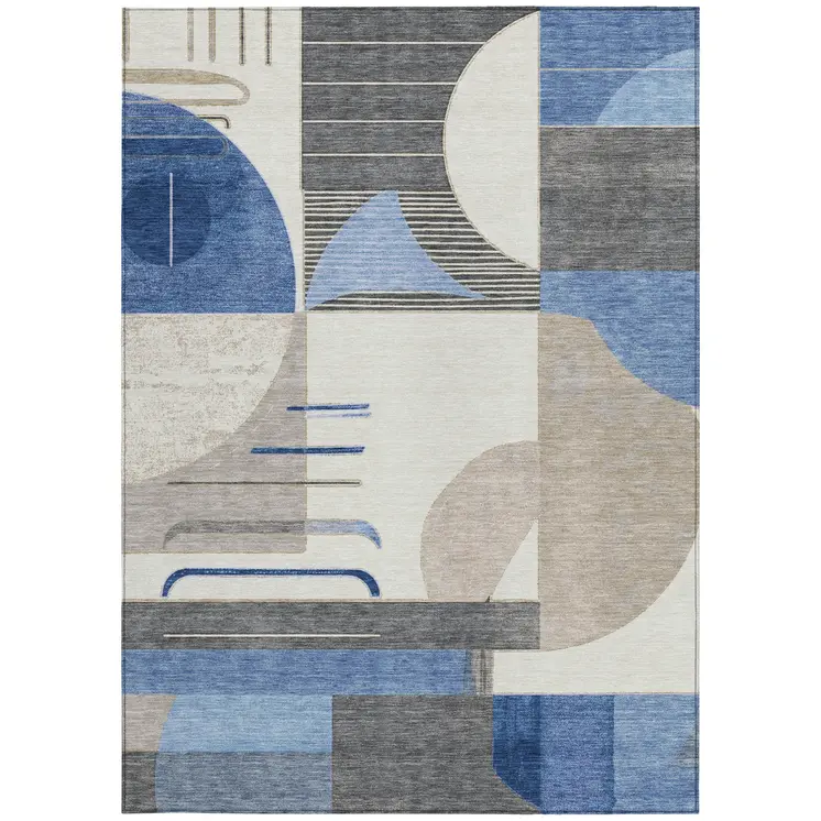 8' X 10' Blue Gray And Ivory Geometric Washable Indoor Outdoor Area Rug