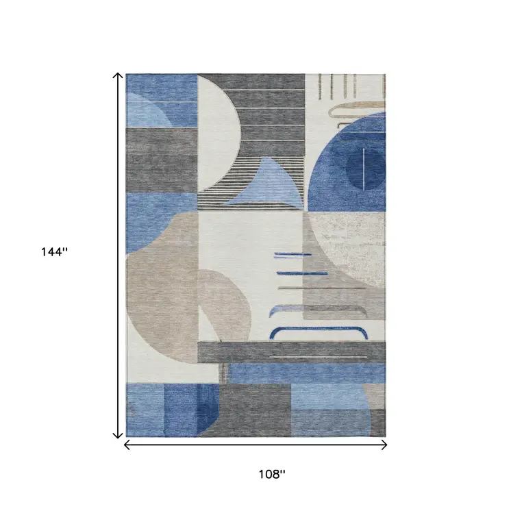 9' X 12' Blue Gray And Ivory Geometric Washable Indoor Outdoor Area Rug