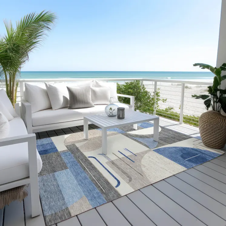 9' X 12' Blue Gray And Ivory Geometric Washable Indoor Outdoor Area Rug