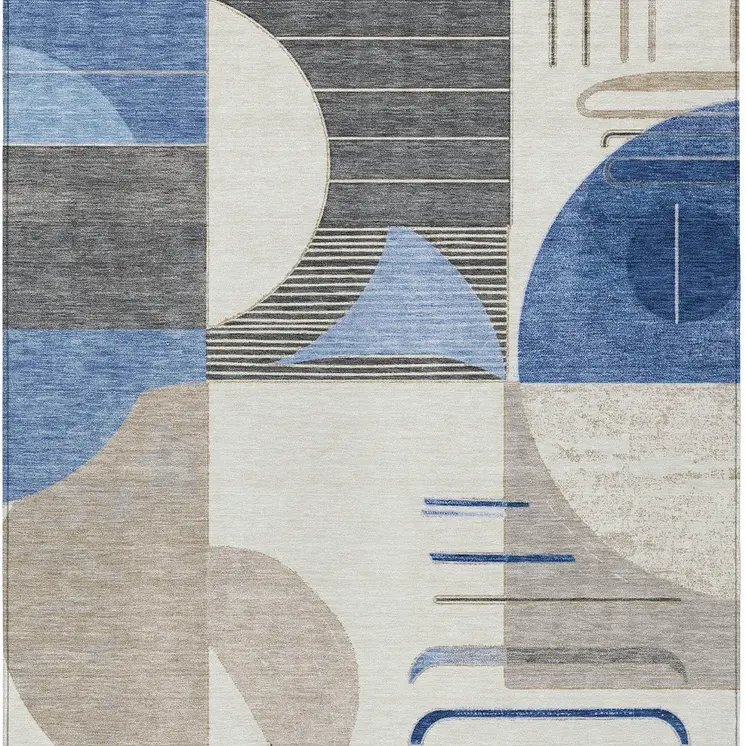 9' X 12' Blue Gray And Ivory Geometric Washable Indoor Outdoor Area Rug