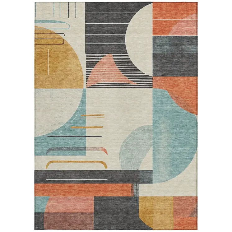 3' X 5' Gray Gold Salmon And Ivory Geometric Washable Indoor Outdoor Area Rug