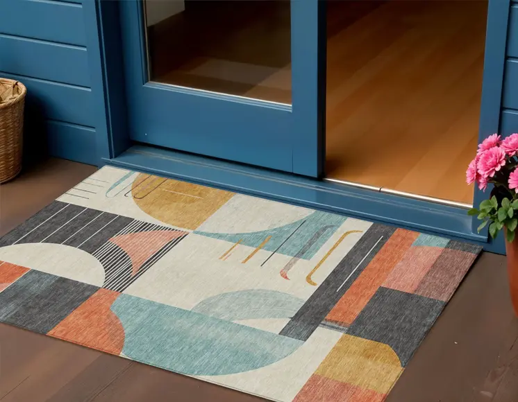 3' X 5' Gray Gold Salmon And Ivory Geometric Washable Indoor Outdoor Area Rug