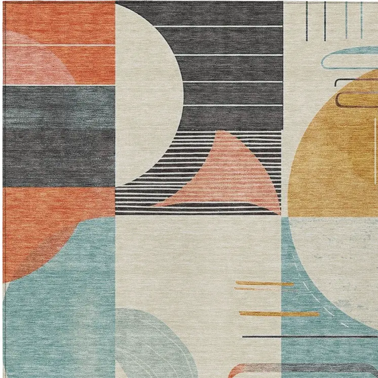 5' X 8' Gray Gold Salmon And Ivory Geometric Washable Indoor Outdoor Area Rug