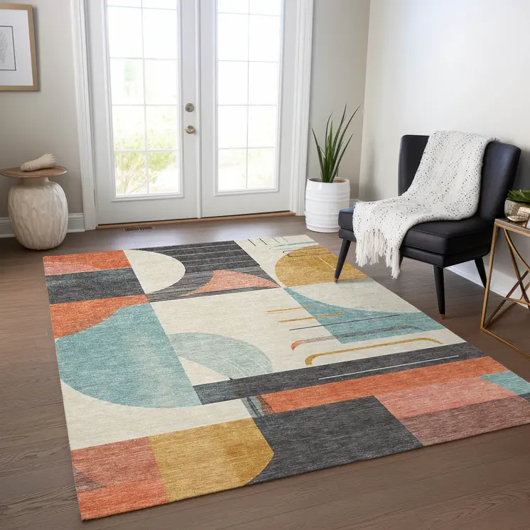 5' X 8' Gray Gold Salmon And Ivory Geometric Washable Indoor Outdoor Area Rug
