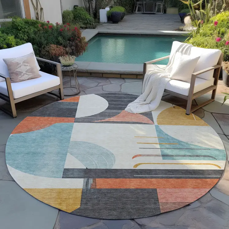 8' Gray Gold Salmon And Ivory Round Geometric Washable Indoor Outdoor Area Rug