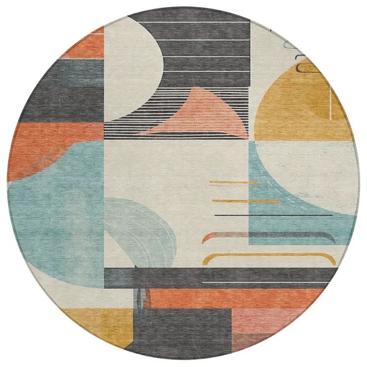 8' Gray Gold Salmon And Ivory Round Geometric Washable Indoor Outdoor Area Rug