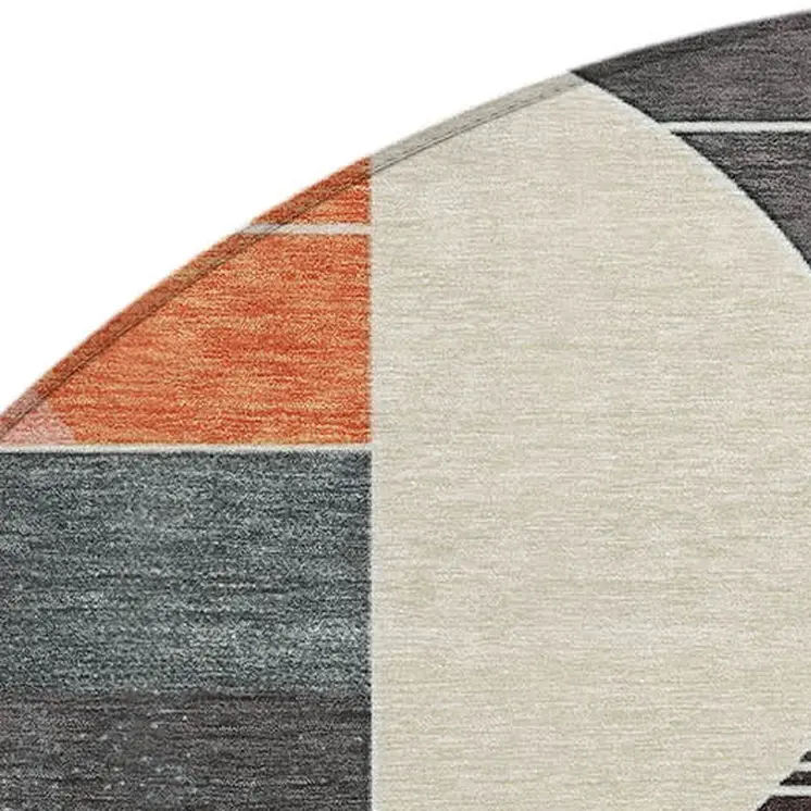 8' Gray Gold Salmon And Ivory Round Geometric Washable Indoor Outdoor Area Rug