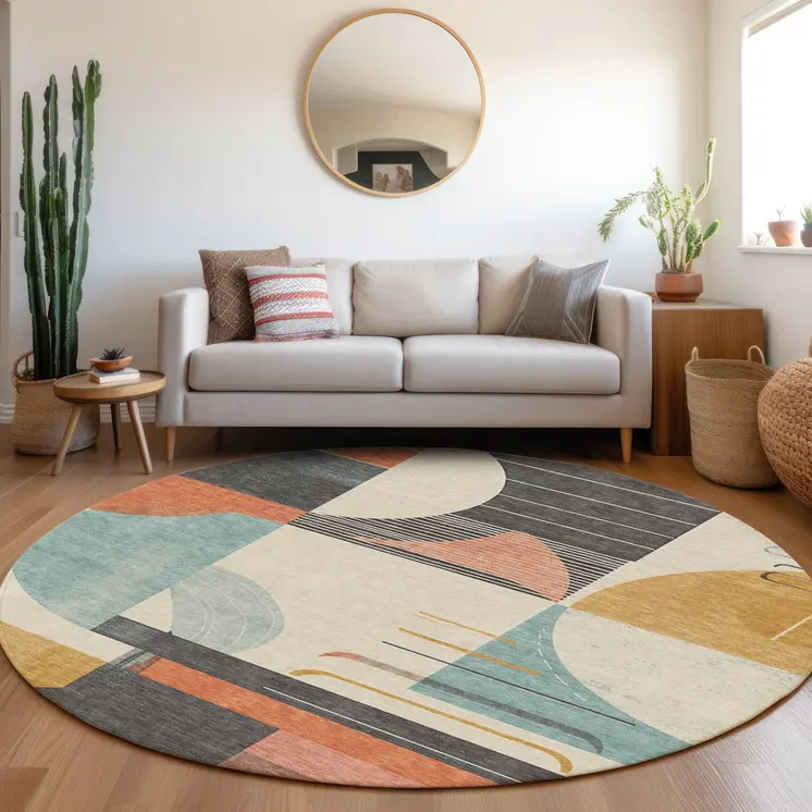 8' Gray Gold Salmon And Ivory Round Geometric Washable Indoor Outdoor Area Rug