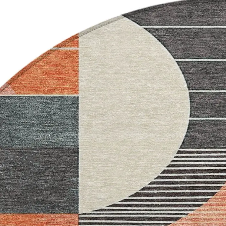 8' Gray Gold Salmon And Ivory Round Geometric Washable Indoor Outdoor Area Rug