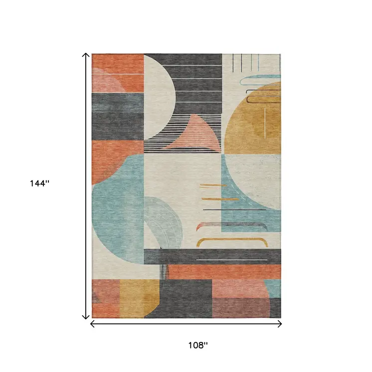 9' X 12' Gray Gold Salmon And Ivory Geometric Washable Indoor Outdoor Area Rug