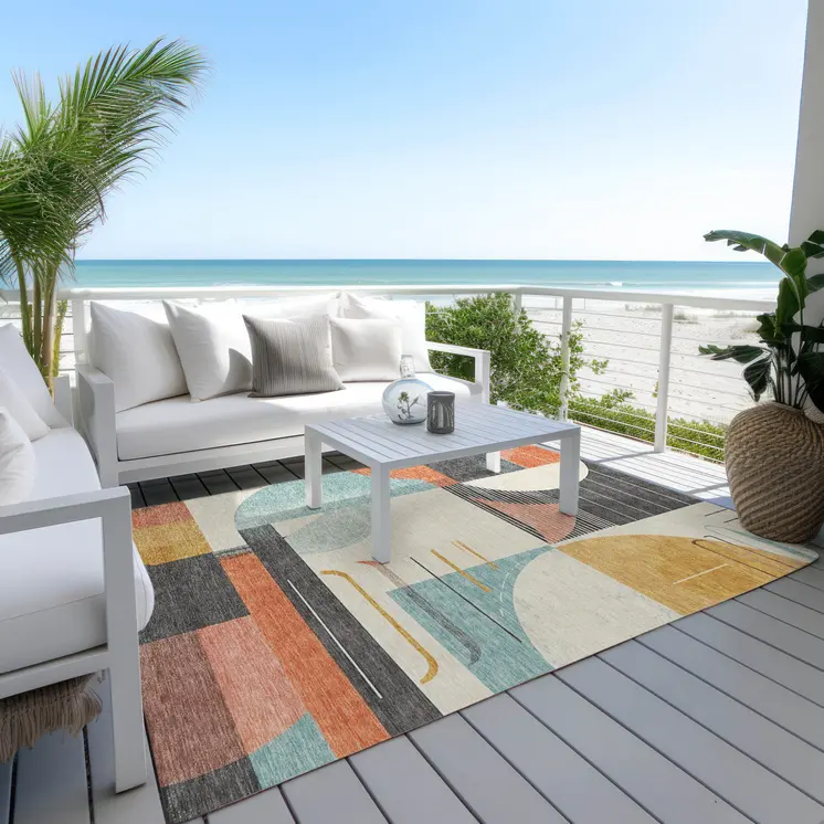 9' X 12' Gray Gold Salmon And Ivory Geometric Washable Indoor Outdoor Area Rug