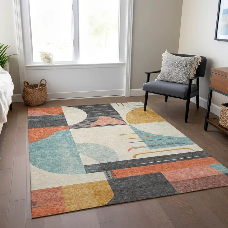 10' X 14' Gray Gold Salmon And Ivory Geometric Washable Indoor Outdoor Area Rug