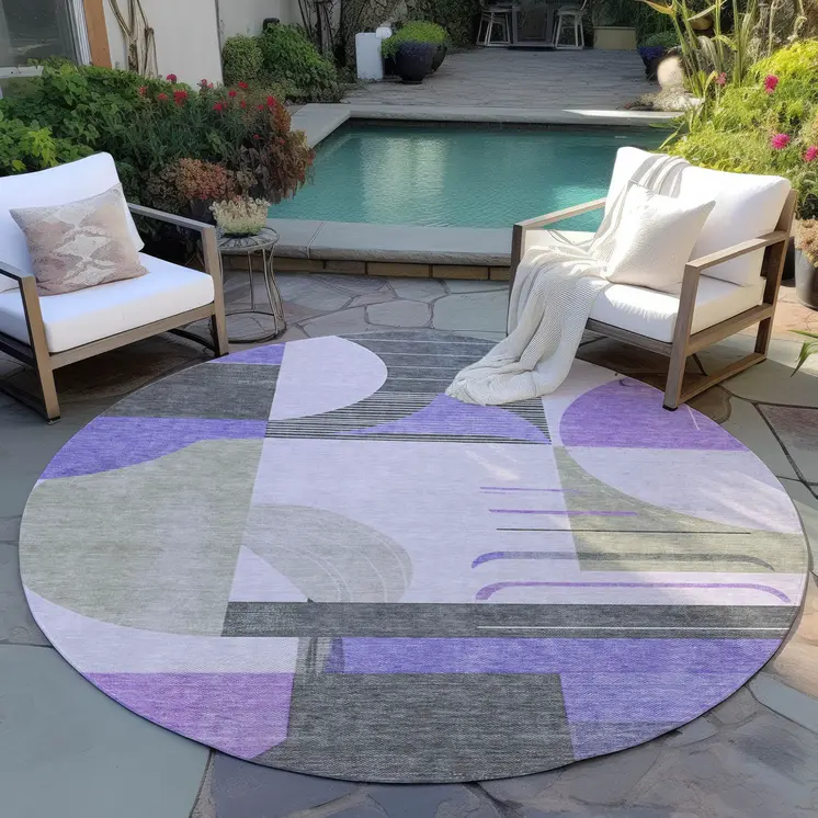 8' Lavender Gray And Silver Round Geometric Washable Indoor Outdoor Area Rug