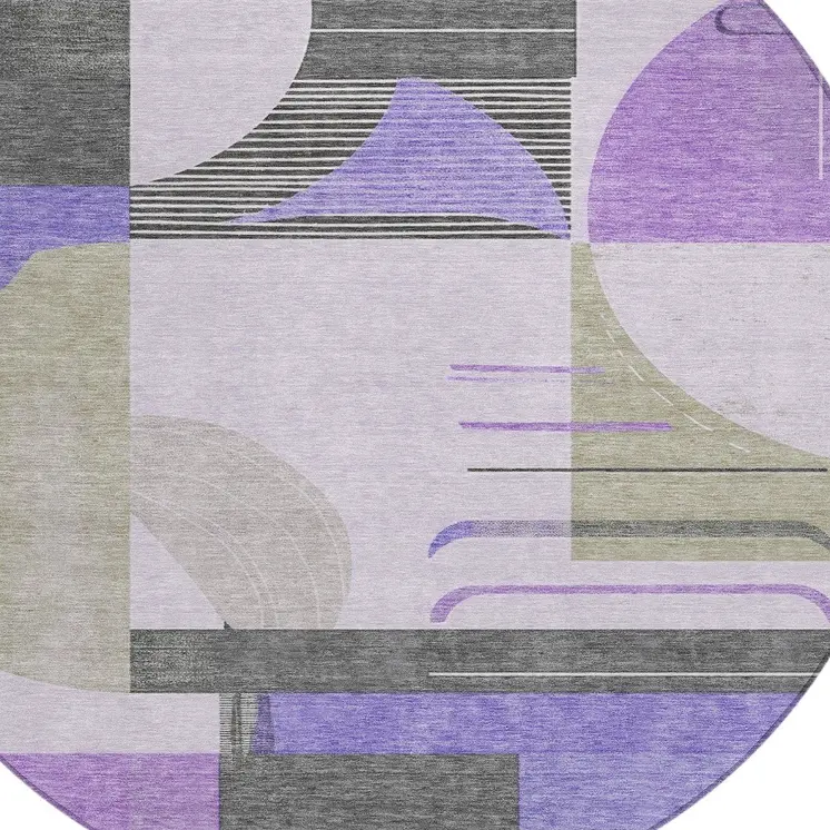 8' Lavender Gray And Silver Round Geometric Washable Indoor Outdoor Area Rug