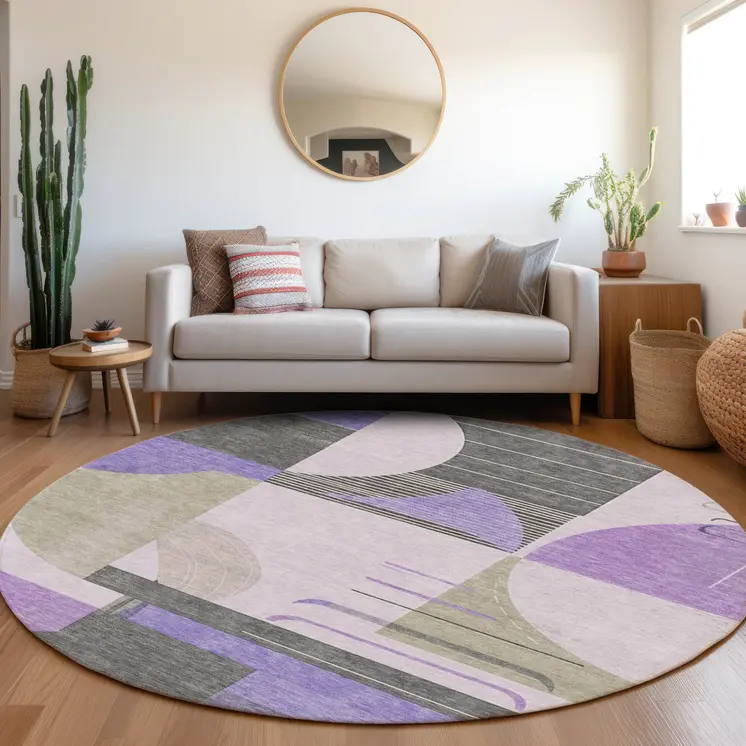 8' Lavender Gray And Silver Round Geometric Washable Indoor Outdoor Area Rug