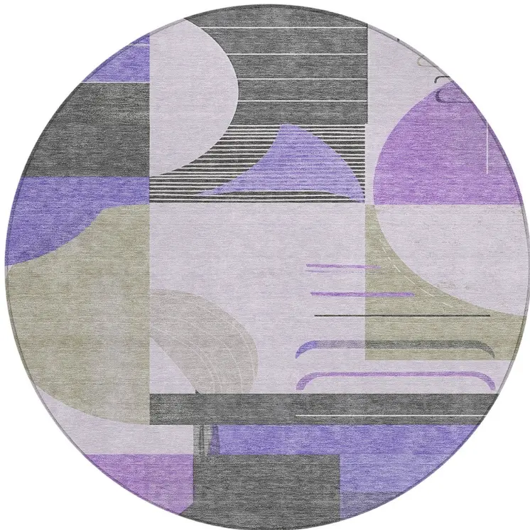 8' Lavender Gray And Silver Round Geometric Washable Indoor Outdoor Area Rug
