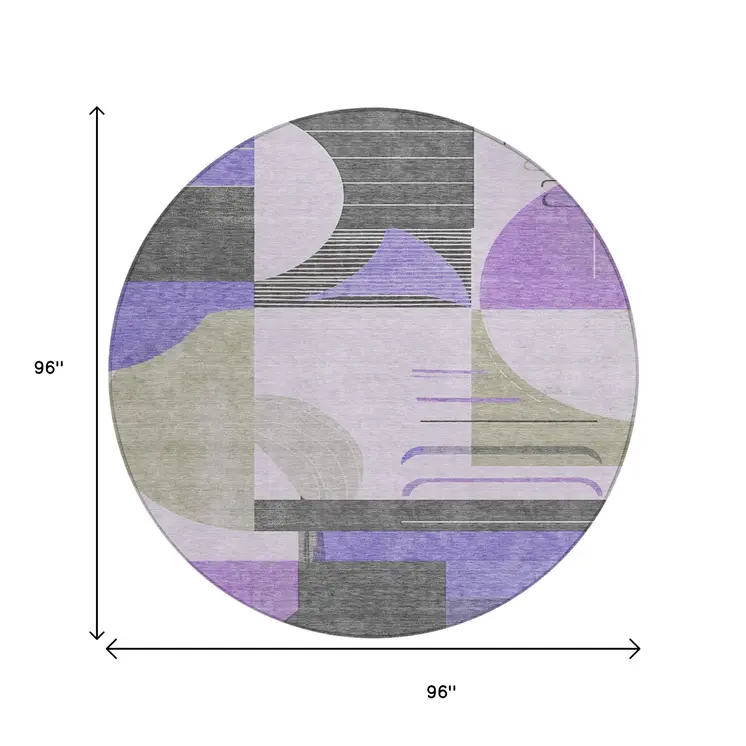 8' Lavender Gray And Silver Round Geometric Washable Indoor Outdoor Area Rug